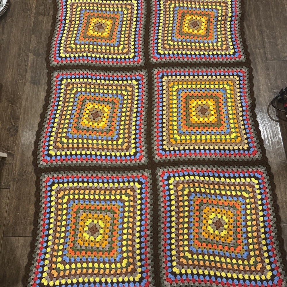 Vintage Afghan Blanket Wheelchair Lap Brown Granny Square Quilt~66"x43"